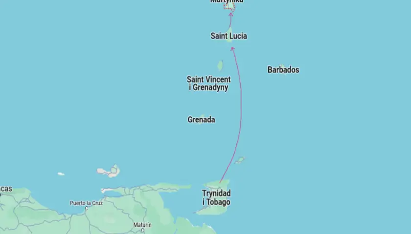 Mapa Karaibów pokazuje, gdzie leży Martynika, na północ od Saint Vincent i Grenadyn, Trynidadu i Tobago oraz Wenezueli.