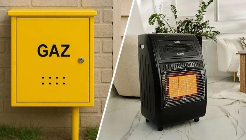 Żółta skrzynka gazowa obok czarnego piecyka gazowego. Dowiedz się, jak wyczyścić piecyk gazowy, aby działał sprawnie.