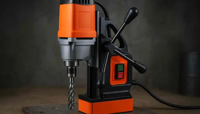 Perceuse magnétique orange et noire avec mèche sur une plaque métallique.