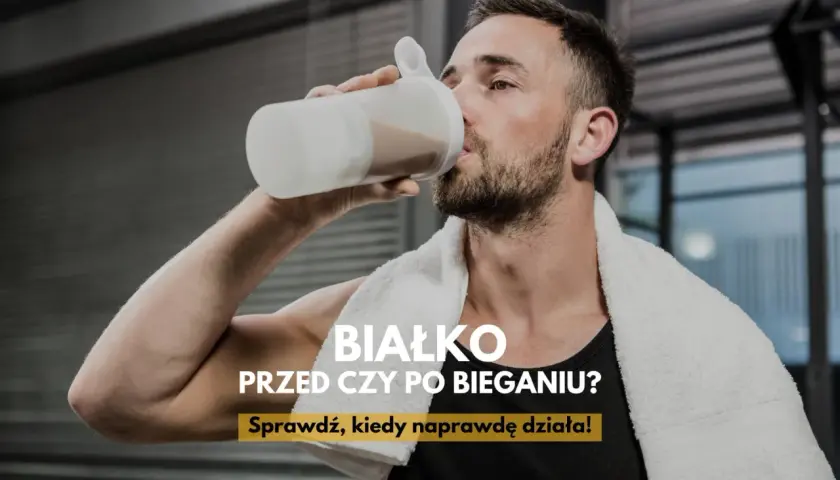 Mężczyzna pije białko z shakera. Czy białko przed czy po bieganiu jest lepsze? Sprawdź, kiedy naprawdę działa!