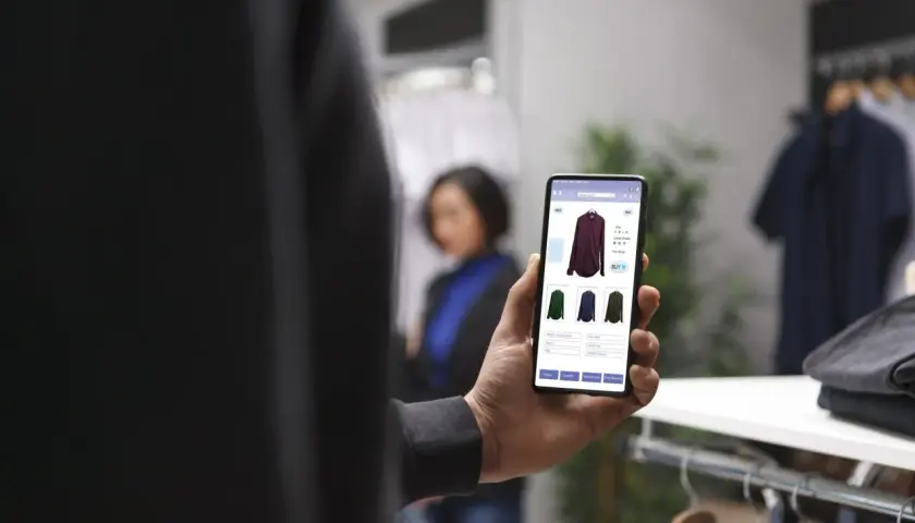 Mężczyzna przegląda trendy ecommerce na telefonie, wybierając koszulę w sklepie.