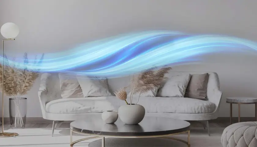 Ondas de aire azul fluyen sobre un sofá moderno, sugiriendo la acción de un ionizador de aire casero purificando el ambiente.