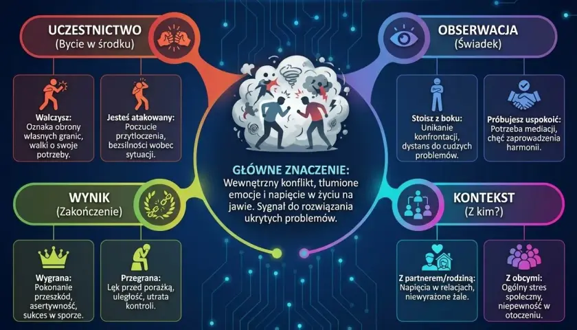 Sennik: awantura we śnie to wewnętrzny konflikt i tłumione emocje. Symbolizuje potrzebę rozwiązania problemów.