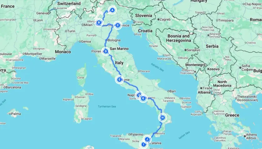A map showing a route from Northern Italy down to Sicily, perfect for a southern Italy road trip.