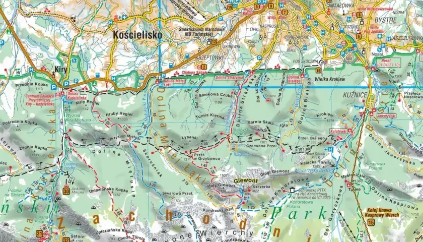 Mapa turystyczna Tatr z zaznaczonymi szlakami, dolinami i szczytami. Widoczne Zakopane, Kościelisko, Kuźnice i Kasprowy Wierch.