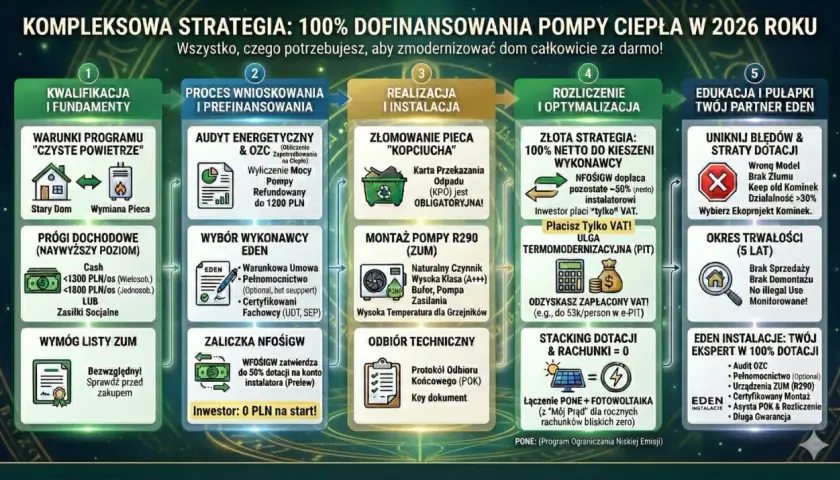 Kompleksowa strategia 100% dofinansowania pompy ciepła. Proces krok po kroku: od kwalifikacji, przez wniosek, montaż, rozliczenie, aż po uniknięcie pułapek.
