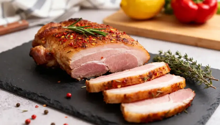 Pluma de porc recette : un rôti de porc juteux, coupé en tranches, assaisonné d'épices et de romarin, prêt à être dégusté.
