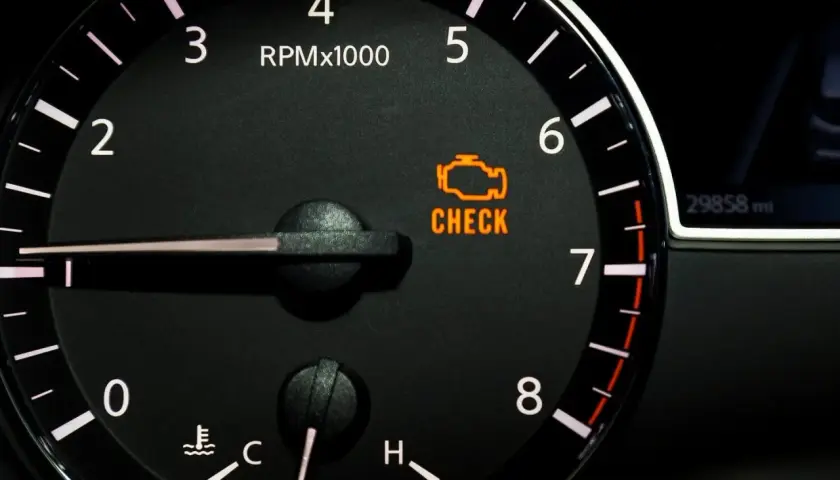 Pomarańczowa kontrolka "CHECK ENGINE" na desce rozdzielczej sygnalizuje problem z mechanizmem sterującym pracą silnika.