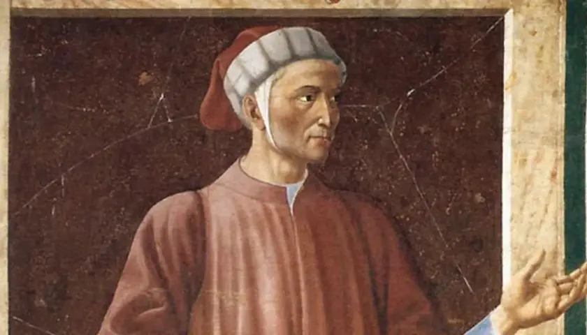 Portret Dantego, poety w czerwonej szacie i czepku, z gestem dłoni.