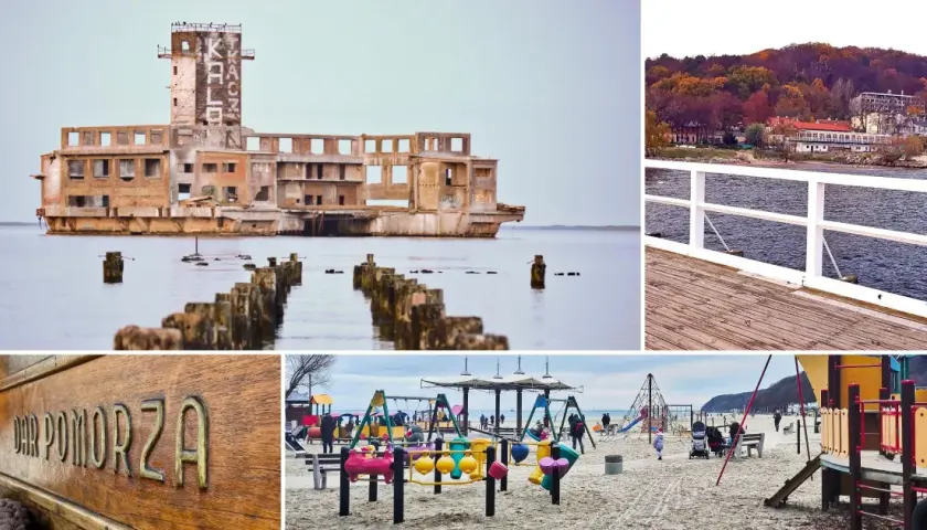 Gdynia co zobaczyć: ruiny fortu, molo, plac zabaw na plaży i napis "Dar Pomorza".