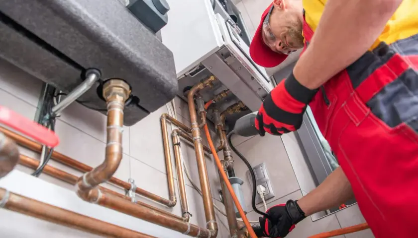 Un technicien installe une chaudière à gaz, une étape clé pour ma prime rénov. Il manipule des tuyaux en cuivre avec soin.