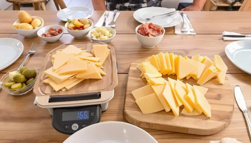 Préparation d'un repas : quelle quantité de fromage pour 40 personnes ? Des tranches de fromage sont coupées sur des planches, avec des accompagnements comme des pommes de terre et des cornichons.