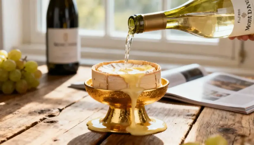 Vin blanc versé sur un fromage fondant, prêt pour une fondue suisse. Raisins et bouteille en arrière-plan.