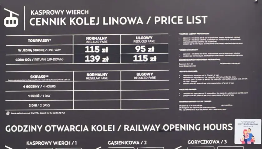 Cennik kolejki linowej na Kasprowy Wierch: ceny biletów normalnych i ulgowych, godziny otwarcia.