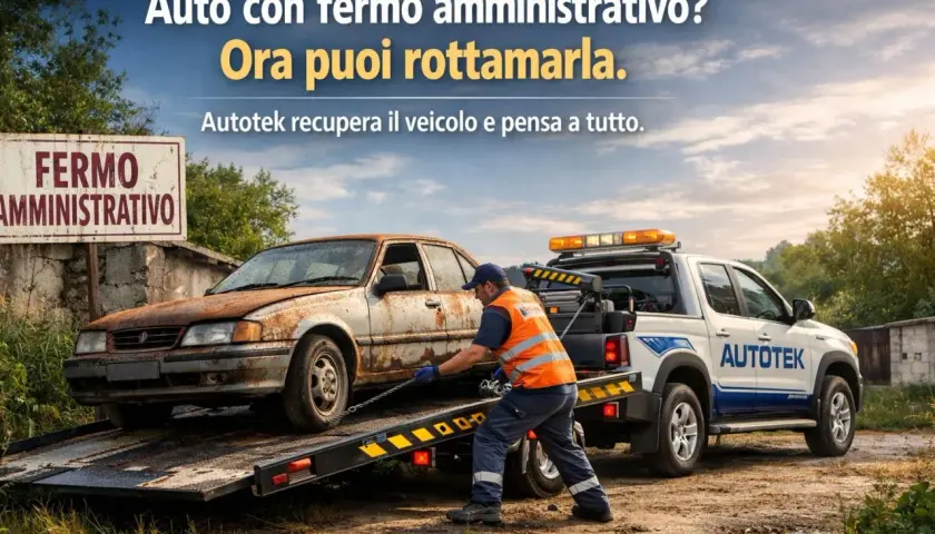Un carro attrezzi Autotek recupera un'auto arrugginita con fermo amministrativo. Ora puoi rottamarla facilmente.