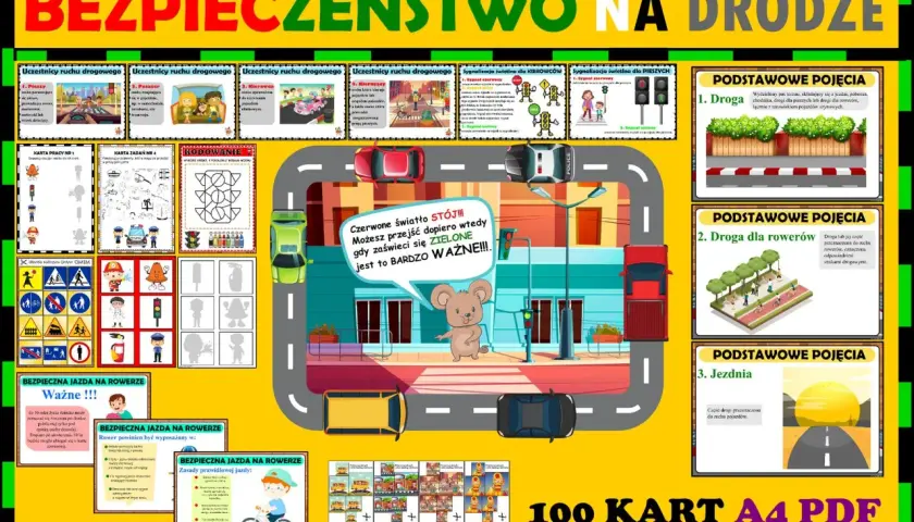 Ilustracja edukacyjna o bezpieczeństwie na drodze, z elementami do nauki o ruchu drogowym, sygnalizacji świetlnej i zasadach jazdy. Pokazuje drogę przebiegu pojazdów i pieszych.