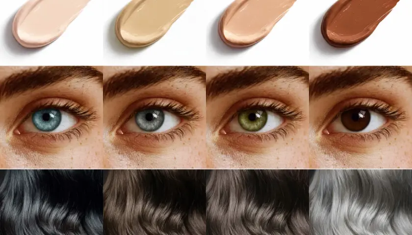 Muestras de bases de maquillaje, ojos de distintos colores y cabellos en diferentes tonos, para la **colorimetría invierno**.