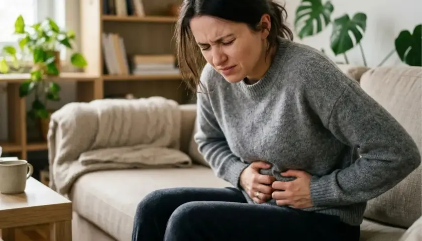Kobieta siedzi na kanapie, trzymając się za brzuch. Jej twarz wyraża ból, co może być jednym z objawów szybkiego metabolizmu.