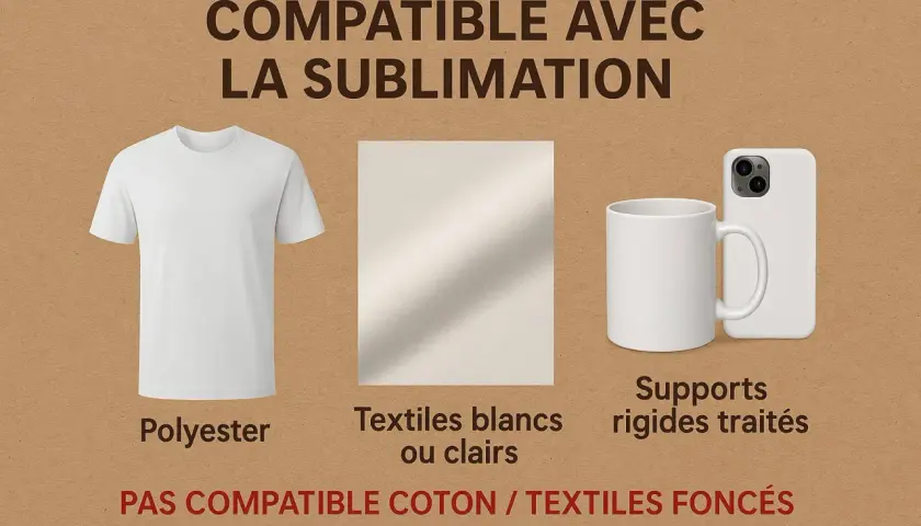T-shirt en polyester, tissu clair, mug et coque de téléphone : tous compatibles avec l'impression sublimation.