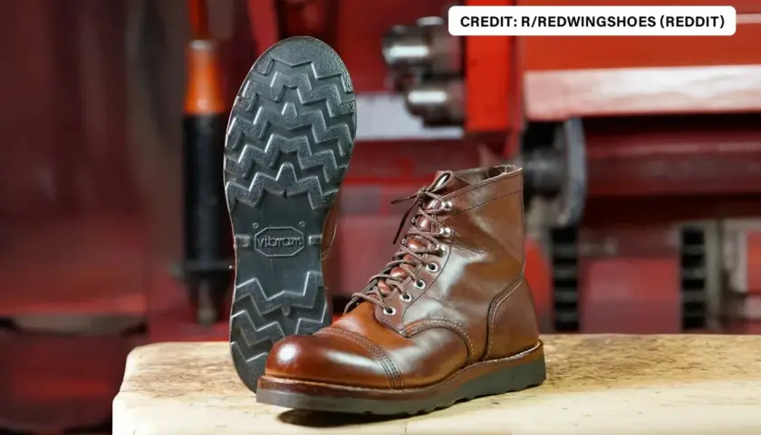 Brown leather boots with a deep-treaded Vibram sole, designed to be non-slip for any adventure.