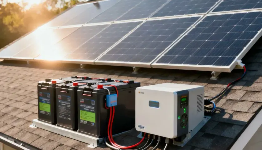 Panele słoneczne, akumulatory i falownik na dachu tworzą niezależną instalację off grid, zapewniając energię.