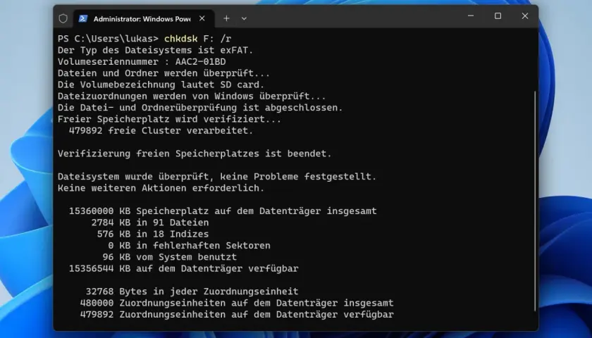 chkdsk SD-Karte: Überprüfung des Dateisystems abgeschlossen. Keine Probleme gefunden.