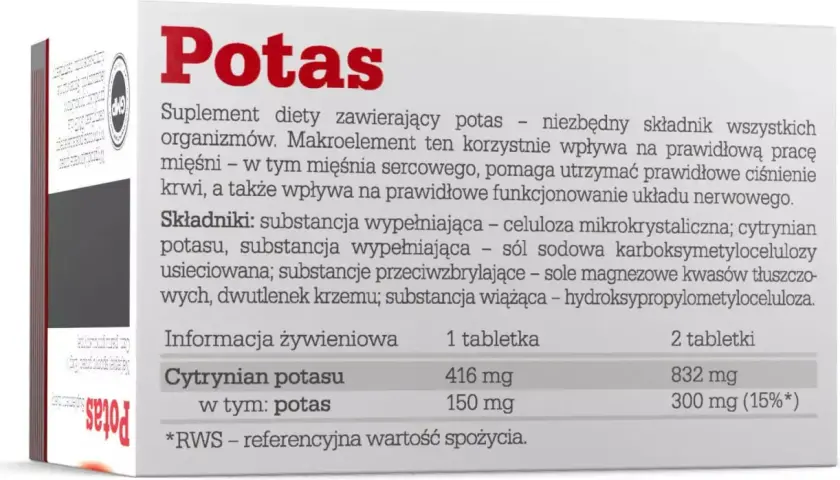 Potas wspiera pracę mięśni, w tym serca, reguluje ciśnienie krwi i układ nerwowy. Suplement diety z potasem.