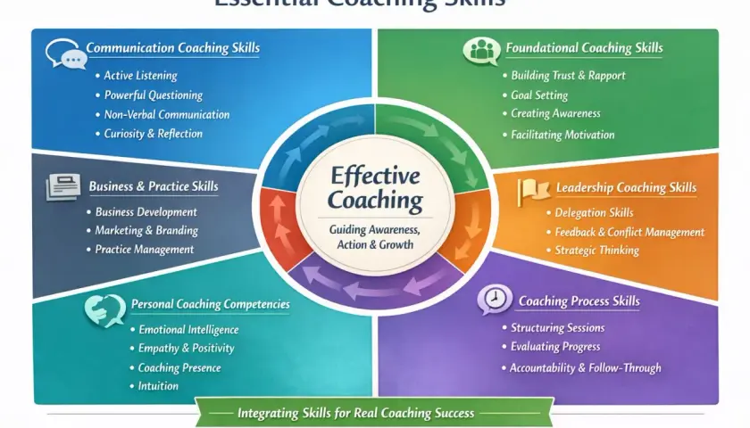 A coaching competency framework outlines essential skills like communication, foundational, leadership, business, personal, and process skills for effective coaching.