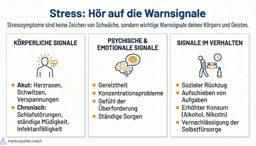 Stress erkennen: Körperliche, psychische und Verhaltenssignale wie Herzrasen, Gereiztheit und sozialer Rückzug warnen dich.