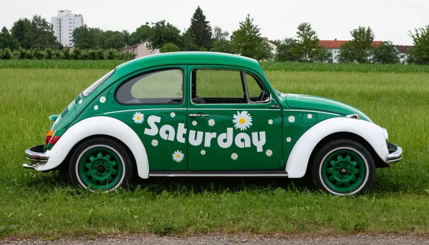 Zielony Garbus z napisem "Saturday" i stokrotkami, idealny na dzień wolny za święto w sobotę.