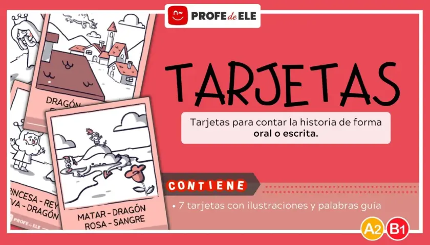 Tarjetas para la leyenda de San Jorge para niños. Ilustraciones de un caballero, dragón, princesa y pueblo.