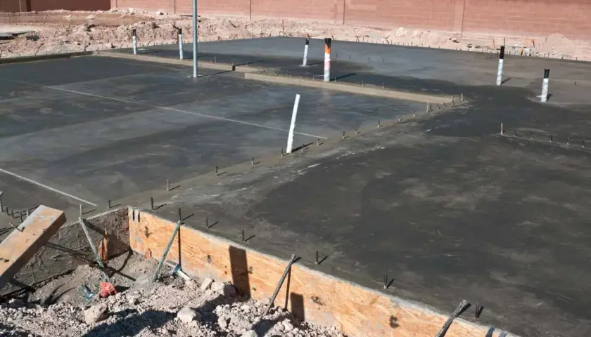 Świeżo wylany beton na płycie fundamentowej, widoczne rury i zbrojenie. Trwa izolacja pozioma fundamentów.