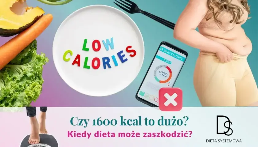 Warzywa, talerz z napisem "LOW CALORIES", aplikacja z kaloriami i osoba na wadze. Co jeść na redukcji?