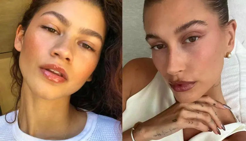 Två kvinnor med en clean look. Den ena med glansiga läppar och mjuk makeup, den andra med en mer definierad läppfärg och markerade ögonbryn.