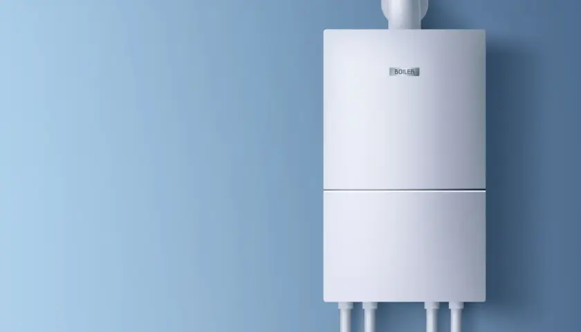 Biały bojler elektryczny zamontowany na niebieskiej ścianie.
