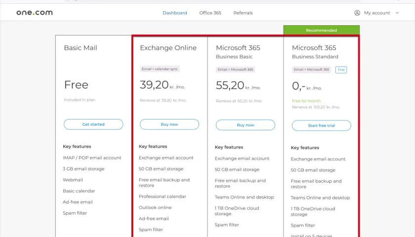 Comparatif des offres email : Basic Mail gratuit, Exchange Online à 39,20 kr./mois, et Microsoft 365 à partir de 0 kr. le 1er mois.