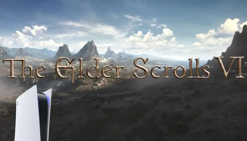 Góry i chmury w tle, z napisem "The Elder Scrolls VI" i konsolą PlayStation 5.