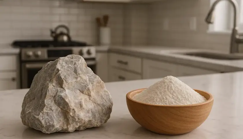 Ein Stein und eine Schüssel mit feinem Pulver auf einer Küchenarbeitsplatte. Der Stein zeigt die natürliche Form, das Pulver die vielfältige **Dolomit Verwendung**.