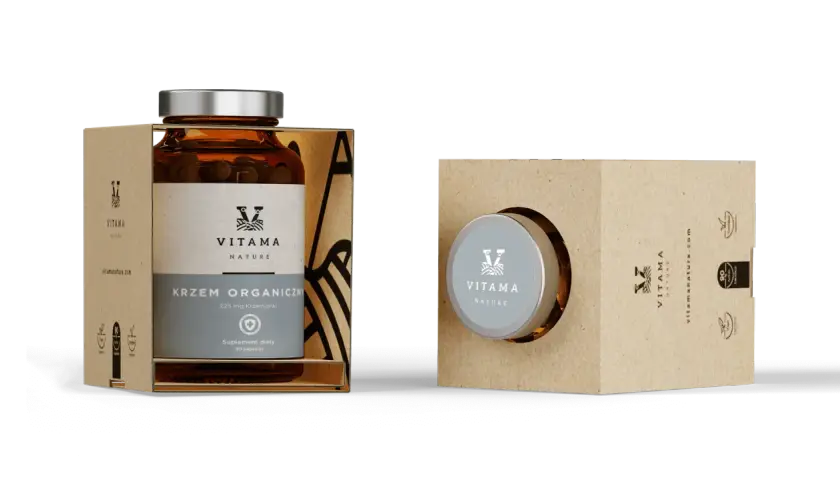 Krzem organiczny w kapsułkach od Vitama Nature. Opakowanie suplementu diety z brązowej butelki w kartonowym pudełku.
