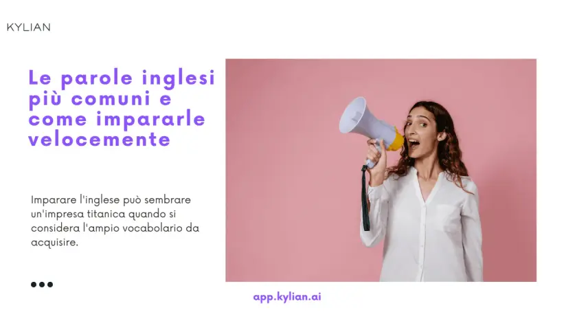 Donna con megafono annuncia le parole inglesi più comuni, per impararle velocemente. Il significato è chiaro: l'inglese è accessibile!