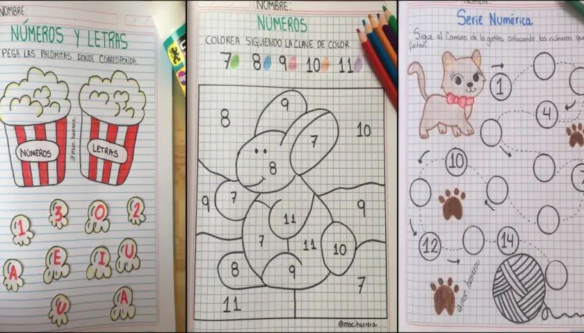Tres hojas con dibujos bonitos para niños: una de palomitas para asociar números y letras, otra para colorear un conejo siguiendo números, y una serie numérica con un gatito.