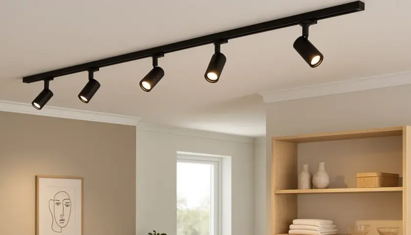 Lámpara de techo negra con cinco focos dirigibles, iluminando un espacio moderno con estanterías de madera y arte abstracto.