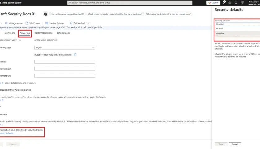 Paramètres de sécurité désactivés dans le centre d'administration Microsoft Entra. L'organisation n'est pas protégée par les paramètres de sécurité par défaut, qui incluent l'authentification multifacteur (MFA) pour Windows.