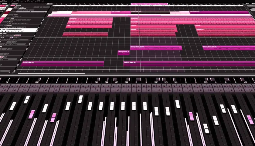 Digitale Musikproduktion: Spuren für Drums, Bass und mehr, während die Fader für das Mixing in Mono bereitstehen.