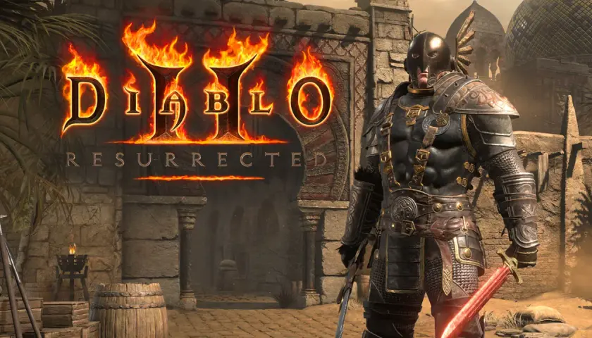 Rycerz w zbroi z mieczem w ręku, na tle płonącego logo Diablo II Resurrected i pustynnego miasta.