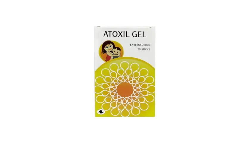 Opakowanie Atoxil Gel z wizerunkiem matki i dziecka, zawiera 20 saszetek.