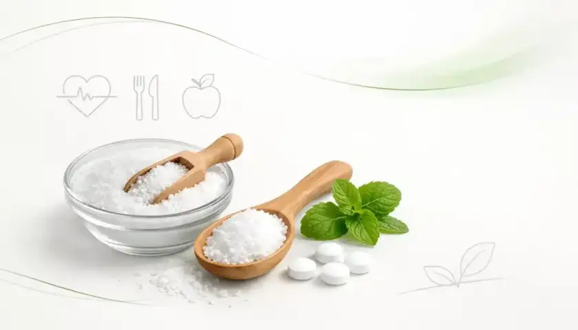 Ksylitol jest zdrowy? Na zdjęciu biały proszek w miseczce i na łyżce, listki mięty i tabletki.