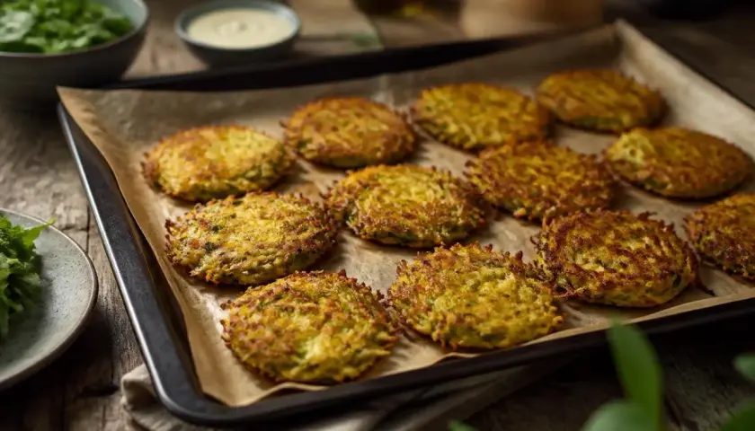 Goldbraune Kartoffel Zucchini Puffer auf einem Blech, bereit zum Genießen. Dazu ein Schälchen mit Dip und frischem Grün.