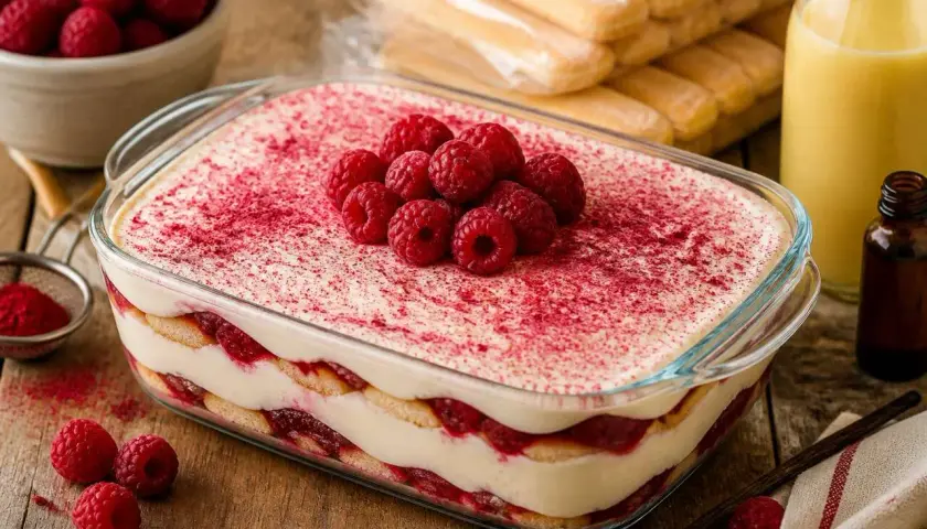 Un délicieux tiramisu framboise, superposé de crème et de fruits rouges, saupoudré de poudre de framboise et garni de framboises fraîches.