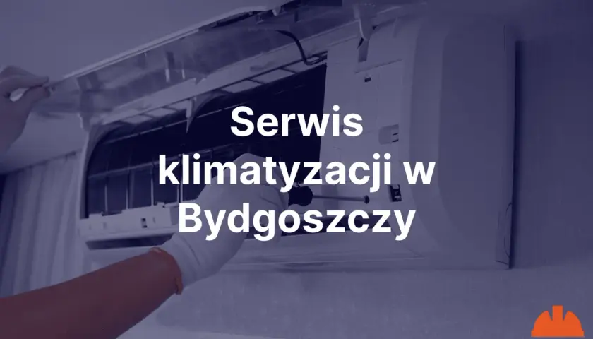 Ręka w białej rękawiczce naprawia klimatyzację. Napis: Serwis klimatyzacji w Bydgoszczy.